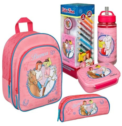 Kindergartenrucksack Set Bibi & Tina Mädchen - Personalisiert mit Name - Inkl. Kinderrucksack Pferd Brotdose Trinkbecher Federmappe Malturm Sticker