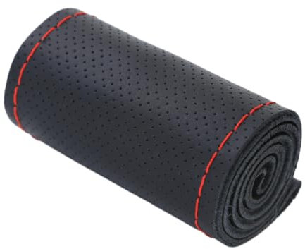 Leder Lenkradbezug Auto Hand Nähen mit Nadel Faden,Mode Anti Rutsch Universal Lenkradabdeckung Lenkradschoner,Autozubehör Innenraum mit Löchern,Geeignet für Lenkrad mit 40 cm Durchmesser,Schwarz Rot