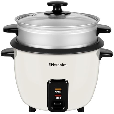 EMtronics EMRCDSCR0-6 Rice Cooker 0.6 Litre with Automatic Cooking, Steamer Tray and Warmer Function with Removable Non-Stick Bowl, Measuring Cup and Spatula 350W - Cream