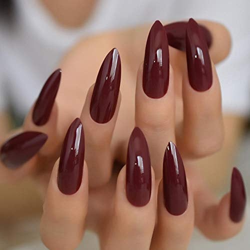 TSMBIKE Nail ?Brown Red Press on False Nails Extra Long Stiletto Pointed Sharp End Fake Fingersnails Easy Apply
