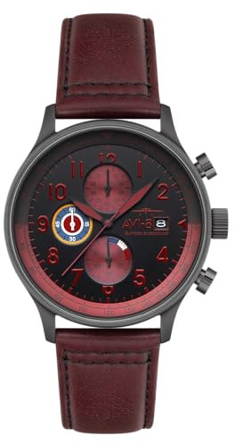 AVI-8 Hawker Hurricane Herren-Chronograph, 43,5 mm, mit Lederband, AV-4011, Blutrot