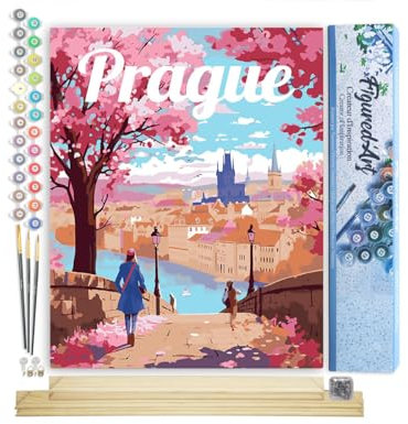 Figured'Art Peinture par Numéro Adulte avec Cadre Affiche de voyage Prague en fleurs - Activité Manuelle Kit de Loisir Créatif DIY Numéro d'Art Complet - 40x50cm avec châssis en bois à monter