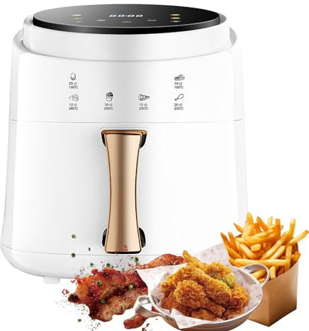 Friggitrice senza olio, friggitrice ad aria senza olio da 8 l, LED touch, 1400 W friggitrice ad aria calda, 6 funzioni, finestra rimovibile, controllo termostato regolabile, schermo digitale (bianco)