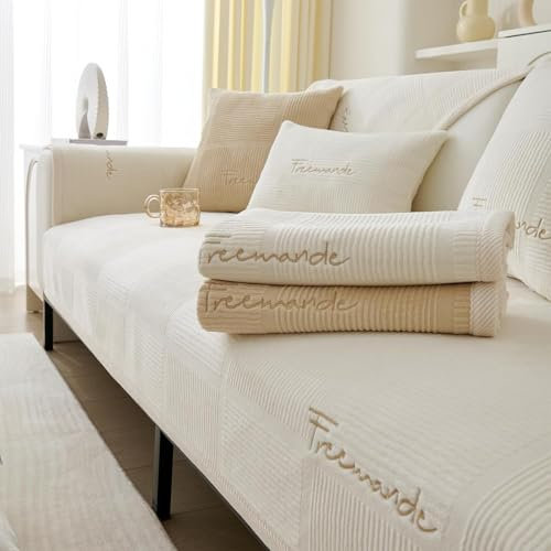 FASCINATDECO Couch Überzug, Sofa Überzug 1/2/3/4 Sitzer Sofabezug Ecksofa L Form, Sofaschoner rutschfest, Samt Sofa Sitzkissenbezug, Waschbar Couchbezug (Beige,110x240cm)