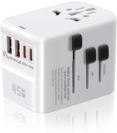 Aigostar Universal Travel Adapter, 45W GaN Charger Travel Plug Adapter worldwide with 2USB-C PD &2USB-A QC International Adapter 2 Pin 3 Pin, UK to European Plug for EU USA Australia Thailand Japan