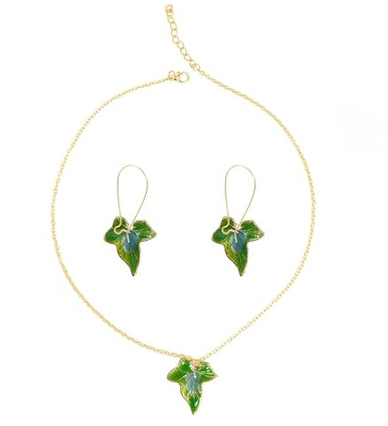 ZNTU Ivy Necklace Earrings Green Leaf Pendant and Drop Earrings Halloween Ivy Costume Accessories for Cosplay Party, Standard, Metal, No Gemstone