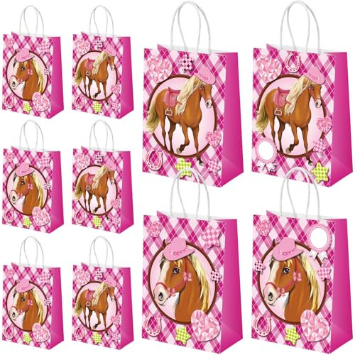 Nezyo 10 Stück Pferde Geschenktüten mit Namensanhänger Geschenktaschen Pferde Geburtstag Papier Tüten Mitgebseltüten 21 x 15 x 8 cm für Mottoparty(Rosa Kariert)