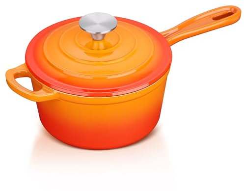 Enameled Cast Iron Sauce Pan with Lid, Leonyo 1 Quart Saucepan with Lid, Small Enamel Cast Iron Dutch Oven Kitchen Cookware for All Cooktops Making Pasta Sauce, Soup, Milk - Up to 500°F & Orange