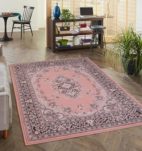 Lord of Rugs Lancashire Traditional Rug for Living Room, Bedroom, Hallways Lounge Classic Carpet Floral Bordered Medallion Oriental Rug Blush Pink X-Large 200x290 cm (6'7x9'6)