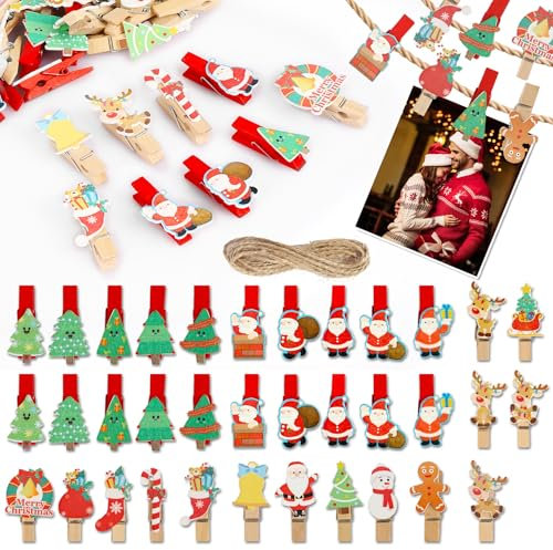 Lot de 35 petites pinces à linge en bois de Noël - Mini pinces à linge - Avec figurines de Noël mignonnes - Décoration pour cartes postales, étiquettes cadeaux, calendriers de l'Avent, murs photo,