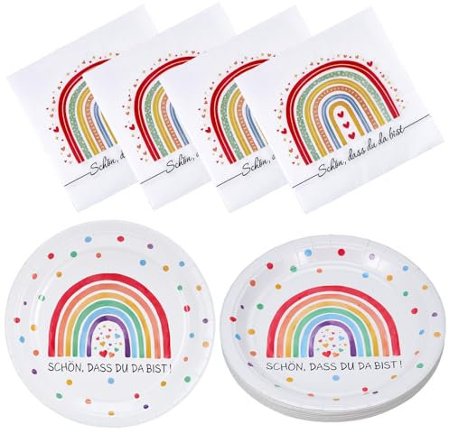 Huiguli Vajilla Cumpleaños Infantil Arcoíris, 60 PCS Arcoíris Vajilla Desechable Infantil con Platos Servilletas Cucharada, Juego de Vajilla para Fiesta de Arcoíris, 20 Invitados