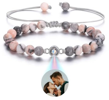 Zysta Projektion Armband Foto Personalisiert Perlen Armband 6mm Echte Steine Armbänder Verstellbar Kugelarmband für Damen Herren (Rosa Zebra Jaspis)