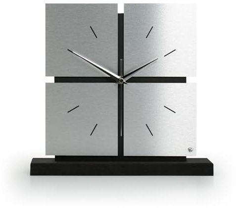 Kreative Feder Standuhr „Silver Squares“ aus Holz – Schwarze Tisch-Uhr in modernem Metallic-Look; Größe ca. 28x30x5cm (leises Funkuhrwerk)