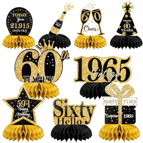 TaimeiMao 60. Geburtstag Tischdeko Schwarz Gold, 9-stk. Bienenwaben Deko Set, 60. Geburtstag Deko für Männer und Frauen, Tischdekoration für 60. Jubiläum
