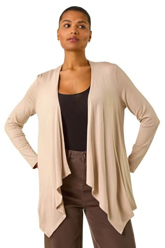 Roman Waterfall Cardigan for Women UK - Ladies Open Front Cardi Smart Casual Edge to Edge Daytime Everyday Summer Autumn Knitted Knitwear Long Sleeve Fashionable - Plain Natural - Size 14