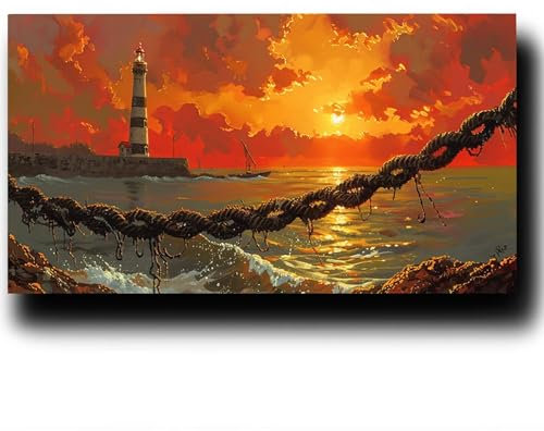 Phare Peinture Numero Adulte PaysagePeinture Par Numero Adulte, Peinture Numero Enfant Débutants, sur Toile Simple Peinture Numero Avec Peintures et Pinceaux 20X40cm, pour Cadeau Homme ou Femme 1w-8-5