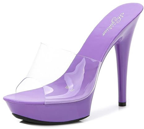 Sandali con Tacco Trasparente da Donna, con Plateau Trasparente, Tacchi Alti, Punta Aperta, Slip on, Muli, Senza Schienale, Scarpe Eleganti,Viola,40 EU