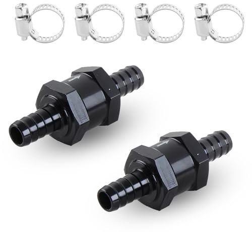 KEWAYO 2 Stück10mm Aluminium Ventil Rückschlagventil Kraftstoff Rückschlagventil für Benzin Dieselöl Wasser Chrom Auto Vergaser Niederdrucksystem Aluminium Mit 4 Schlauchschellen (Schwarz)