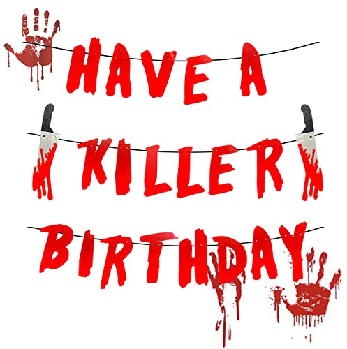 Have a Killer Birthday Banner - Halloween Horror Girlande mit blutigen Waffen für Dekoration Party Horrorfilm Zombie Vampir