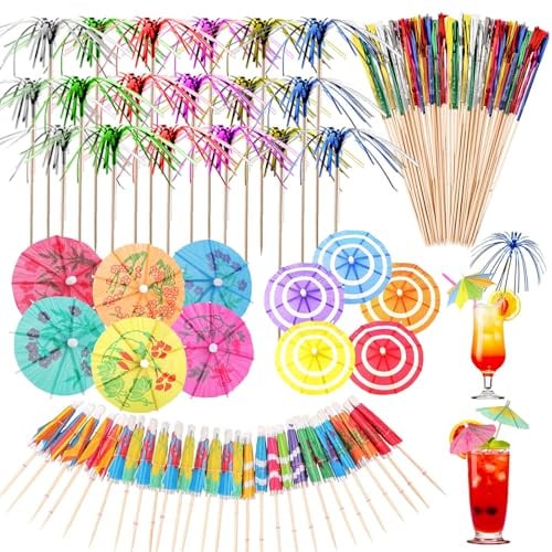140 Stück Cocktail Deko Cocktail Schirmchen Cocktail Feuerwerk Sticks | Bunt Dekorativ Festlich Cocktail Zubehör mit 40 Cocktail Schirmchen 100 Sticks für Strand, Bars, Sommerpartys und Geburtstage