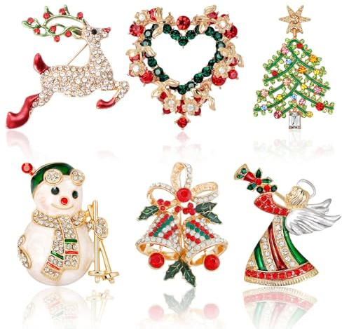 Weihnachten Brosche, 6 Stück Weihnachtsbrosche Kristalll Weihnachtsanstecker für Weihnachtsschmuck Dekoration Geschenk