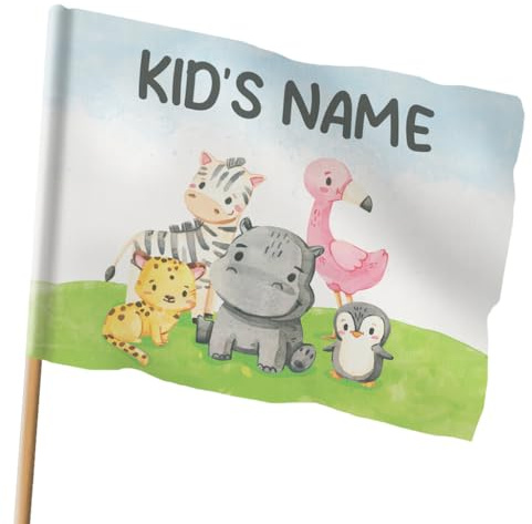 Personalisierte Kinder Flagge mit Namen Tiere | Niedliche Motive für Jungen & Mädchen | Größen wählbar klein oder groß | 2 Montageoptionen (Ösen oder Tunnel) | geeignet für Garten, Spielturm [164]