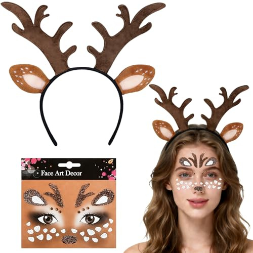 vnfsmy 2 Stück Reh Haarreif Damen Geweih Gesichtstattoo Rentier Karneval Reh Geweih Damen Mädchen Bambi Haarreif Damen Reh Kostüm Reh Ohren Hörner Kopfschmuck für Karneval Cosplay