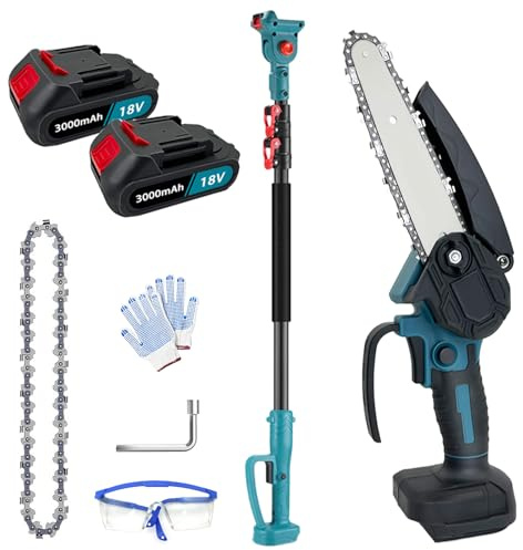 6 Zoll Mini Kettensäge mit Teleskopstange & Akku - Maximale Reichweite bis 2,5 m - Elektrisch 21V Teleskop Handkettensäge Akku für Gartenscheren Astschere Holzschneidenz (mit 2 x 3,0Ah Batterien)