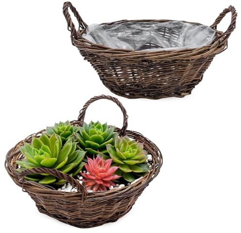 Spetebo Pflanzschale aus Rattan Naturfaser 2er Set - 30 cm - Blumentopf mit Folie ausgekleidet zum direkten Bepflanzen - Garten Deko Pflanzring Blumenschale Blumen Korb Pflanzen Schale Kräuter Topf