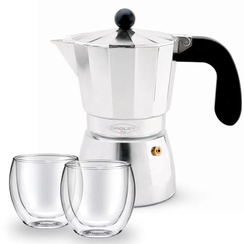 Oroley - Cafetera Italiana Alu de Aluminio + 2 Tazas de Doble Cristal 100ml | Capacidad 9 Tazas | Apta para Vitrocerámica, Fuego y Gas | Estilo Tradicional | Color Gris