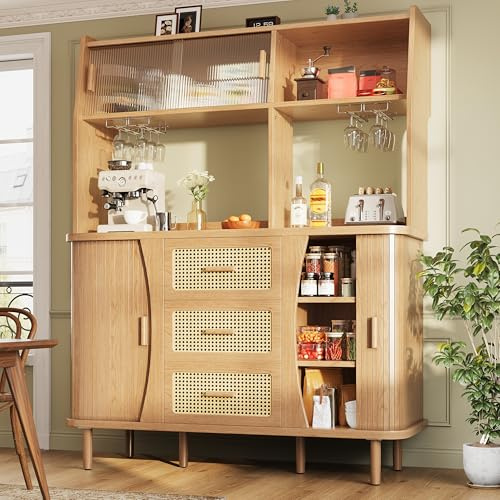 BTM Free Standing Kitchen Cabinet with Glass Sliding Doors Tall Pantry Cupboard Kitchen Dresser with Worktop Natural Wood