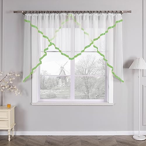 HongYa Kuvertstore transparenter Voile Gardine mit Satinbänder Kräuselband Vorhang H/B 120/300 cm Grün