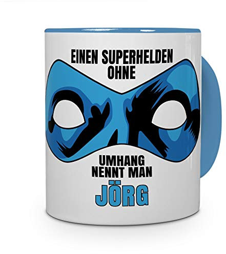 printplanet Tasse mit Namen Jörg - Motiv Superhelden ohne Umhang - Namenstasse, Kaffeebecher, Mug, Becher, Kaffeetasse - Farbe Hellblau