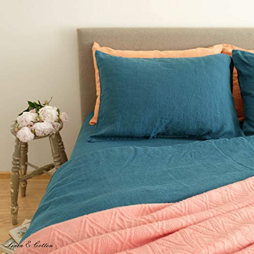 Linen & Cotton Weicher Griff Kissenbezug Kissenhülle Alicia Einfarbig - 100% Leinen, Petrol Blau (50 x 70 cm) Bettkissenbezug Kopfkissenbezug Bettwäsche Sommer Kissen für Bett Schlafzimmer Home Hotel