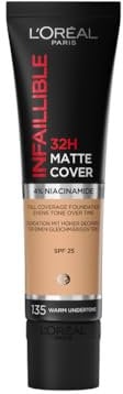 L'Oréal Paris Make up, Wasserfest und langanhaltend, Mattierende, flüssige Foundation mit hoher Deckkraft, Formel mit 4% Niacinamiden, Infaillible 32H Matte Cover, Nr. 135 Warm, 1 x 30 ml