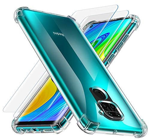 Losvick Case Compatible with Redmi Note 9 with 2x Tempered Glass Screen Protector, Clear Slim Soft Silicone Anti-Yellow Shockproof TPU Bumper Cover for Xiaomi Redmi Note 9 - Transparent