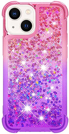 iPhone 13 Mini Case Glitter 3D Cute Bling Sparkle Quicksand Flowing Liquid Clear Transparent TPU Gel Silicone ShockProof Protective Phone Cover for iPhone 13 Mini Case Girls, Pink & Purple