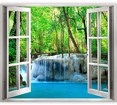 murando 3D WANDILLUSION Wandbild Natur Fototapete Poster XXL Fensterblick Vlies Leinwand Panorama Bilder Dekoration Wasserfall Botanik Bäume Steine 140x100 cm c-C-0495-c-a