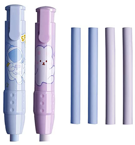 Einziehbare Radiergummis, Neuheit Radiergummi Stift Geformt 2 Stück Press Mechanische Gummis mit 6 Stück Nachfüll Radiergummis für Kinder Studenten Blau Lila