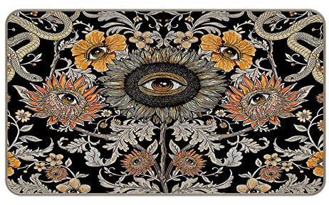 MIXDING Psychedelic Sunflower Evil Eyes Entrance Door Mat 17x30 Inch Doormats Decor, Trippy Floral Gothic Hippy Snake Art Home Front Door Porch Outdoor Indoor Decorations
