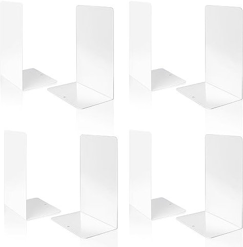 VONDERSO Lot de 4 paires de serre-livres en métal blanc très résistant pour étagères, décoration de maison, bureau, serre-livres blanc unique antidérapant pour enfants