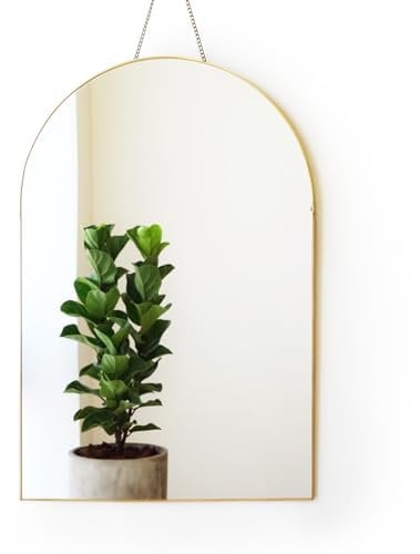 FONDAZZA Hanging Wall Mirror, Gold Brass Trim and Chain, 32 X 48 cm (12.6 x 19 inch), for Living Room, Bathroom, Bedroom, Entry Way, Hallway, Vanity and Offce, Arch Shape