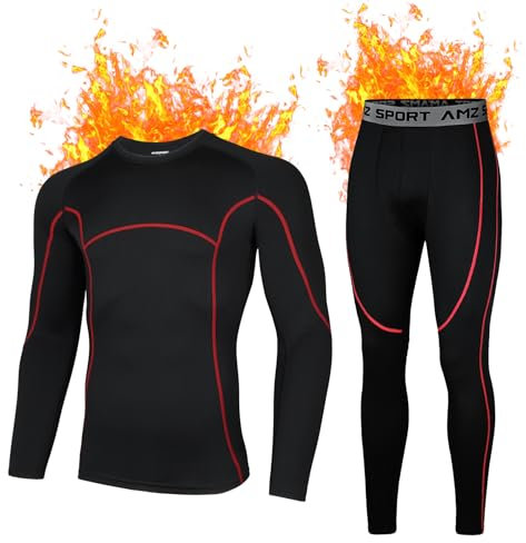 AMZSPORT Herren Thermounterwäsche Set Warmes Kompressionsshirt Kompressionshose Atmungsaktive Funktionsunterwäsche Winter Unterwäsche, SchwarzRot M
