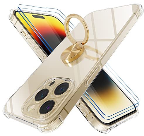 STARRYNOVA Hülle Ringhalter Kompatibel mit iPhone 14 Pro, Crystal Clear Handyhülle Silikon Vier Ecken Anti-Fall TPU Case 360 Grad Ständer Schutzhülle - Goldener Ring