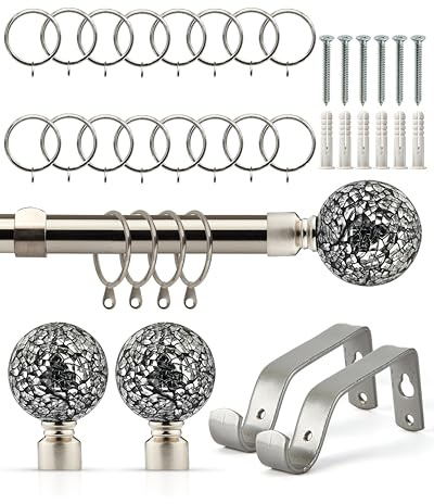 Emma Barclay Extendable Curtain Pole With Finials Rings Brackets & Fittings Sets 16-19mm in Brushed Silver Metal Curtain Poles For Eyelet Curtains Rod - Cut Glass Collection 1.2m - 2.1m Brushed Silver