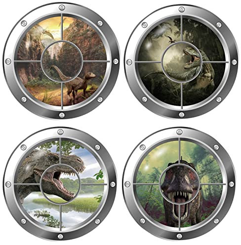 Bustlwor 4 Stück 3D Wandtattoo Unterwasserwelt, Wandsticker Badezimmer Bilder, Wandtattoo 3D Bullauge, für Kinderzimmer Schlafzimmer Wohnzimmer Bad Wanddeko(Dinosaurier-Muster)