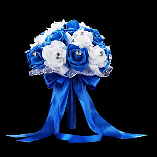 MUNACRAFT Bouquet da sposa per matrimonio Accessori per bouquet da sposa blu e bianco Fiore artificiale fatto a mano Rosa-blu reale