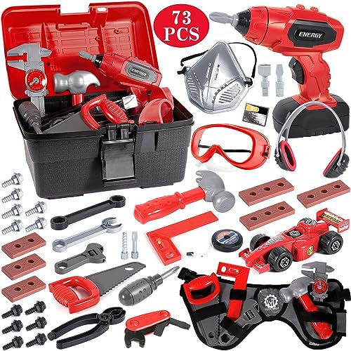 MULEVIP Outils Enfant 73 Pièces Malette Outils Enfant,Boite a Outil Jeux Educatif Jouet Enfant Outils de Construction et Accessoires avec Perceuse Électrique,Outils de Travail pour Enfant 3 Ans+