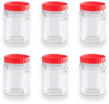 Cennet 400ml Plastic Storage Jar Hexagonal With Screw Top Lids Airtight Food Storage Containers BPA Free For Kitchen, Herb, Spices, Sweets Clear Canister pots (Pack of 6)