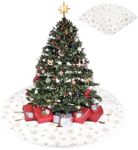 SLFYEE 120CM Weihnachtsbaum Decke Groß Christbaumständer Teppich Weiß Schnee Deko Christbaumdecke Rund für Weihnachtsbaum Dekoration Gold